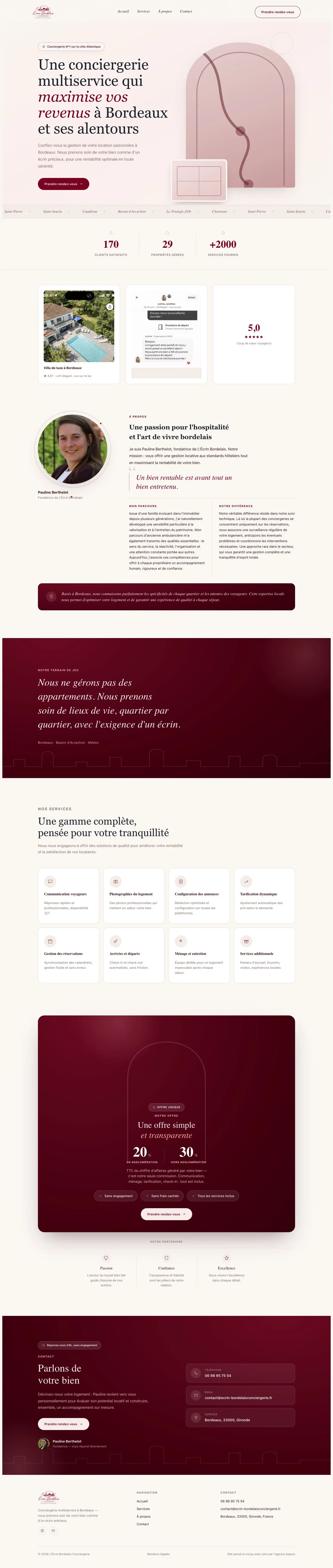 Exemple de site internet de conciergerie : page d'accueil de L'Écrin Bordelais à Bordeaux, réalisé par Aspyre